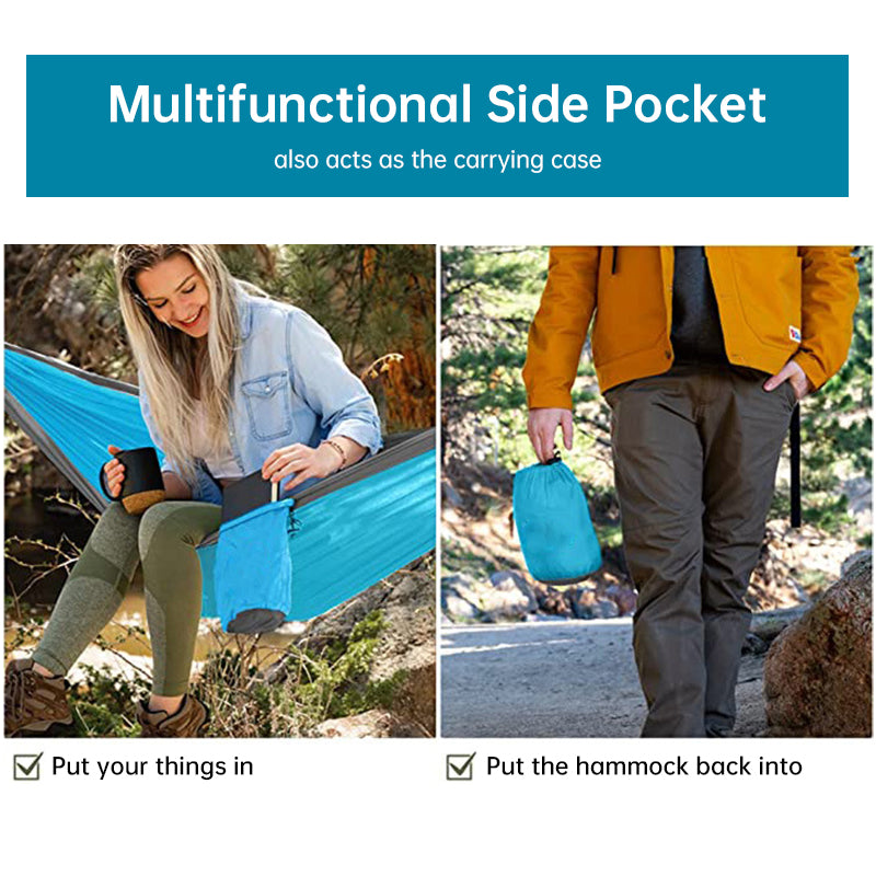 Hamaca ligera de nailon doble para camping con correas. Ideal para viajes, playa, jardín y patio.