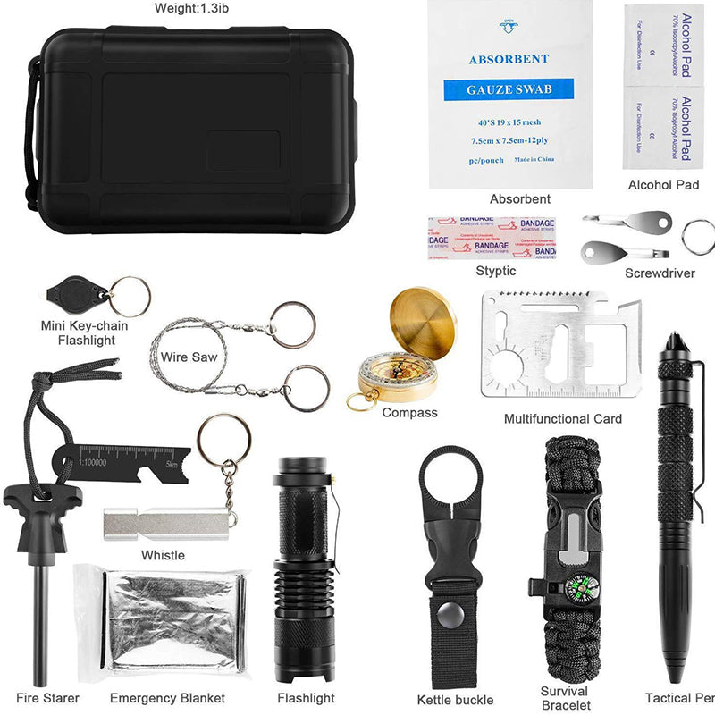 Kit de supervivencia "militar" con mini herramientas de camping: pulsera de emergencias, silbato, manta y cuchillo.