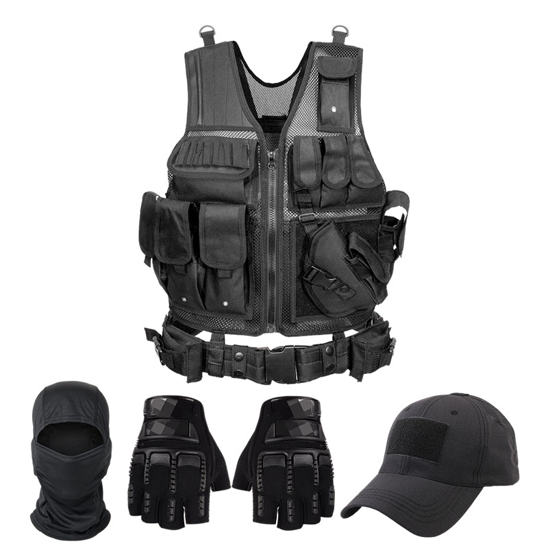 Chaleco táctico para hombre, chaleco Molle negro y gorra, equipo de protección.