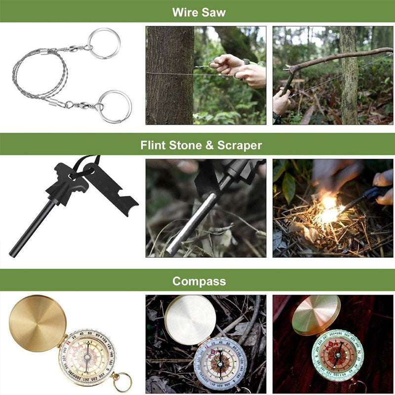 Kit de supervivencia "militar" con mini herramientas de camping: pulsera de emergencias, silbato, manta y cuchillo.