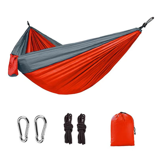 Hamaca ligera de nailon doble para camping con correas. Ideal para viajes, playa, jardín y patio.