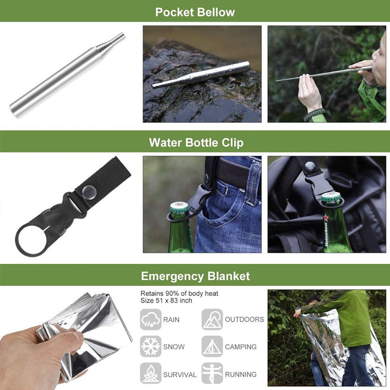 Kit de supervivencia "militar" con mini herramientas de camping: pulsera de emergencias, silbato, manta y cuchillo.