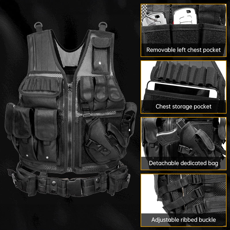 Chaleco táctico para hombre, chaleco Molle negro y gorra, equipo de protección.