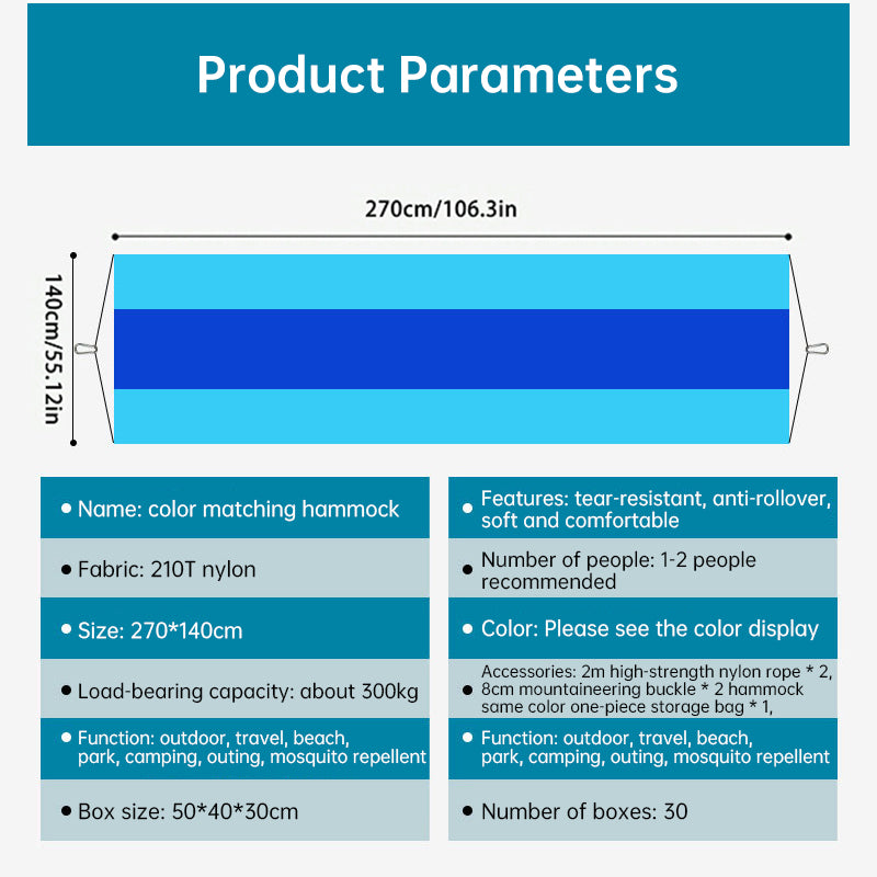 Hamaca ligera de nailon doble para camping con correas. Ideal para viajes, playa, jardín y patio.