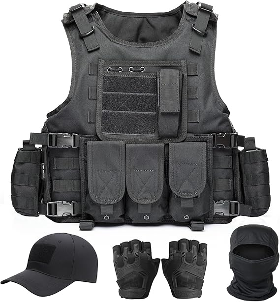 Chaleco táctico para hombre, chaleco Molle negro y gorra, equipo de protección.