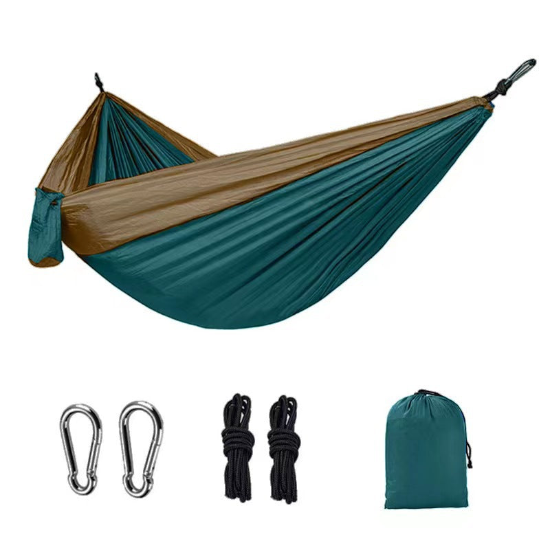 Hamaca ligera de nailon doble para camping con correas. Ideal para viajes, playa, jardín y patio.