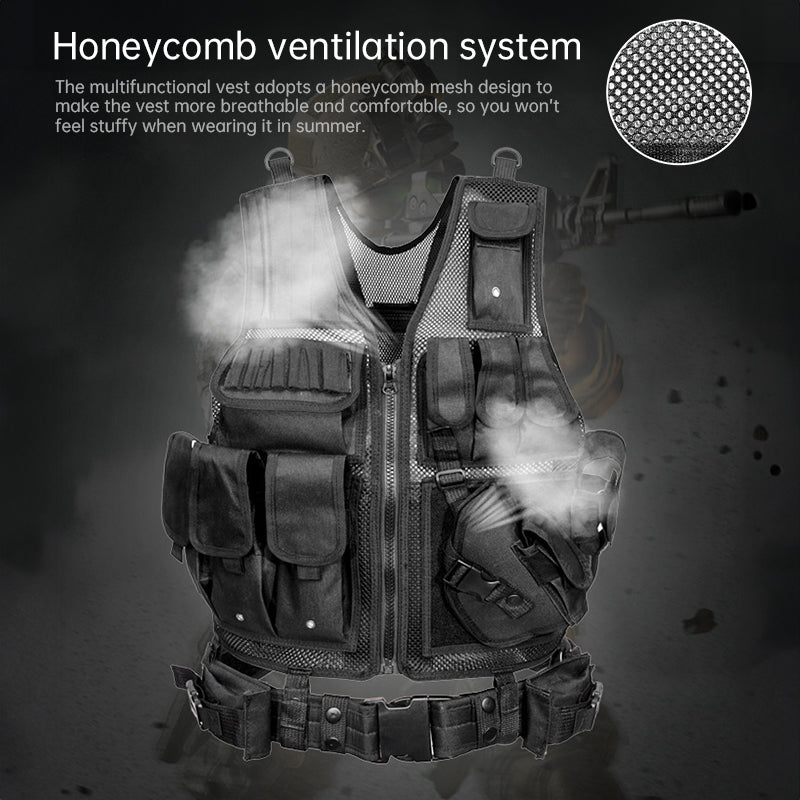 Chaleco táctico para hombre, chaleco Molle negro y gorra, equipo de protección.