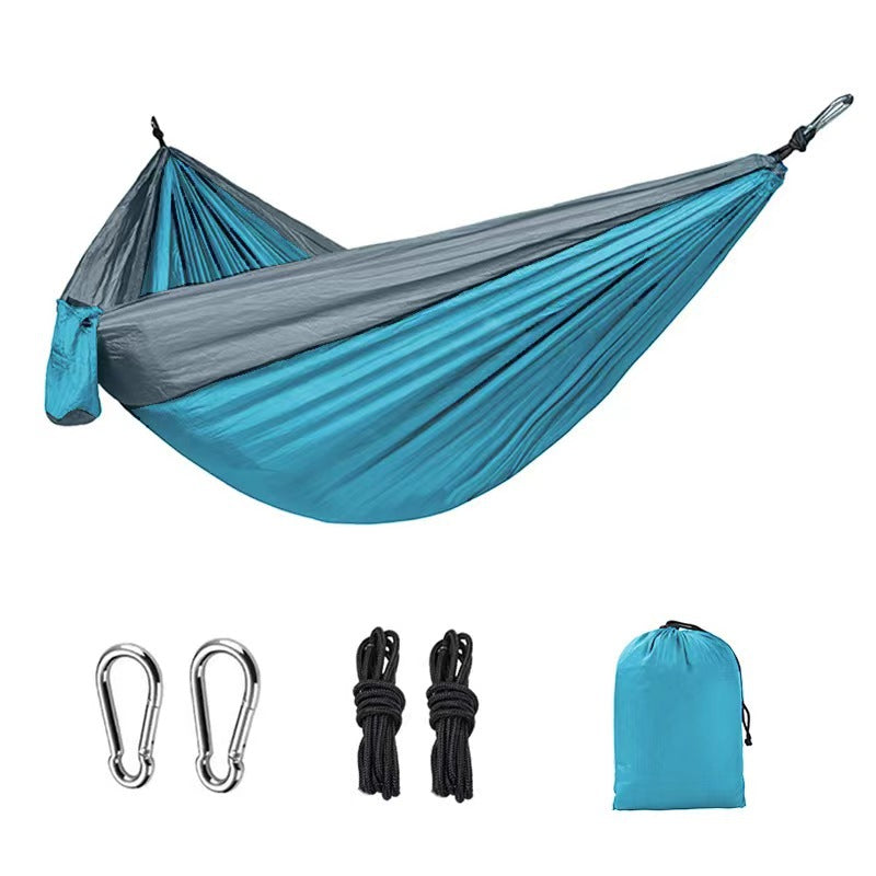 Hamaca ligera de nailon doble para camping con correas. Ideal para viajes, playa, jardín y patio.