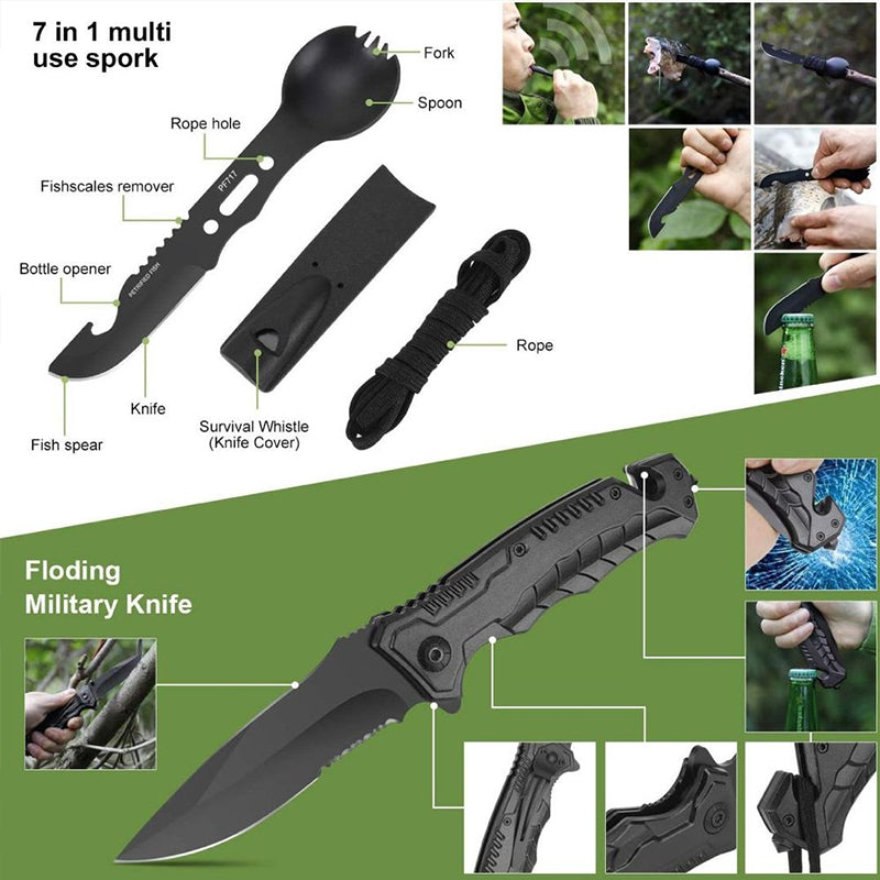Kit de supervivencia "militar" con mini herramientas de camping: pulsera de emergencias, silbato, manta y cuchillo.