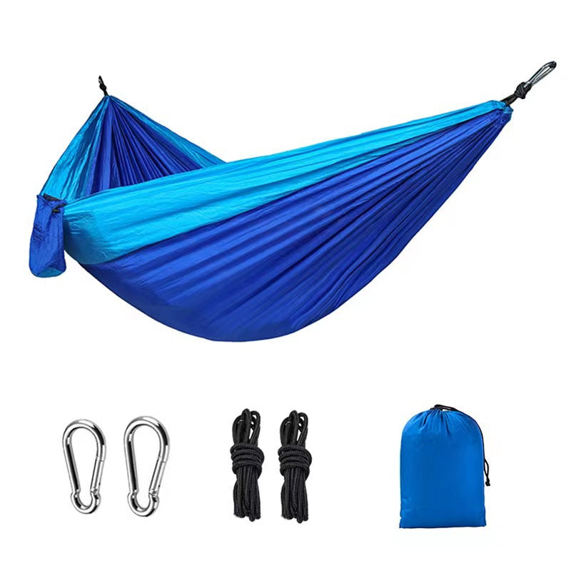 Hamaca ligera de nailon doble para camping con correas. Ideal para viajes, playa, jardín y patio.