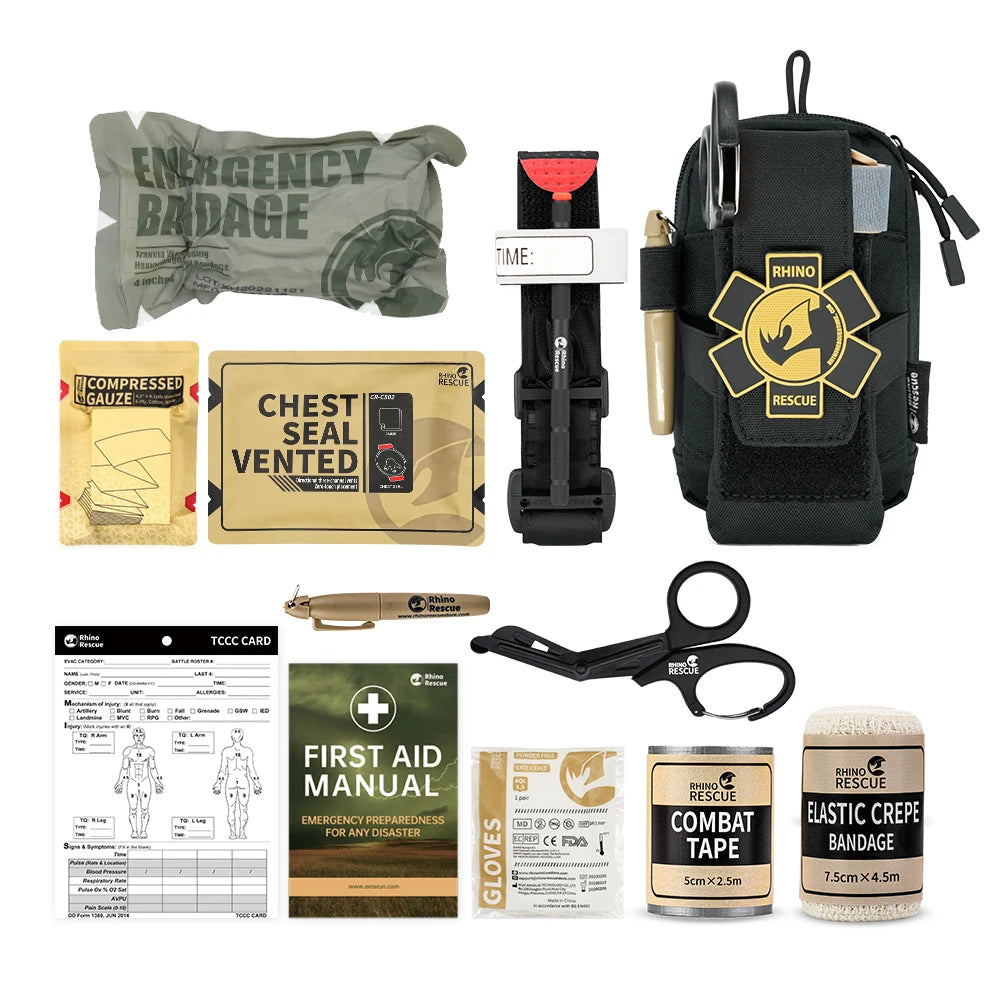 Rhino Rescue EDC Kit de primeros auxilios, Kit táctico de supervivencia, Kit de Trauma, bolsas de herramientas de utilidad Molle para acampar y senderismo